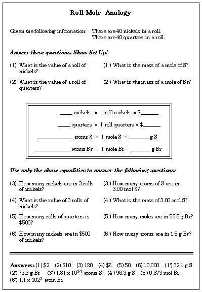 chemical quantities the mole worksheet answers